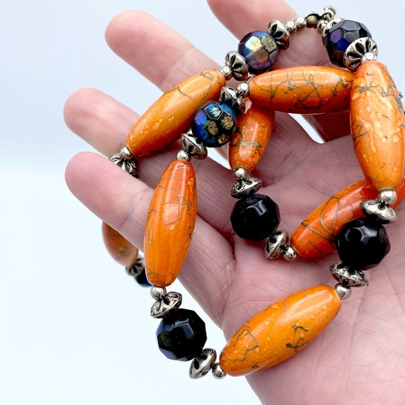 Artisan Handcrafted Orange Silver Tone & Peacock Aurora Borealis Beaded Necklace - Picture 3 of 10